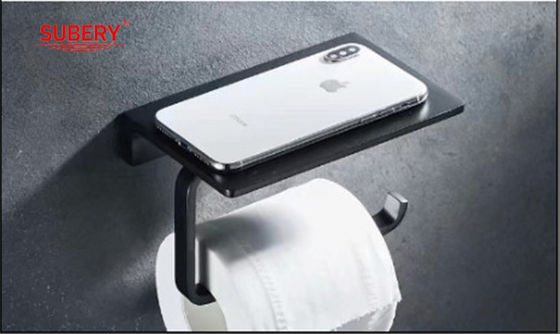 Zwarte kleuren wandmontage toiletpapierhouder met mobiele telefoonplank