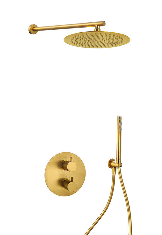 Verborgen in de muur thermostaïsche temperatuur regenshowe handshower mixer geborstelde gouden messing kraan OEM ronde klassieke