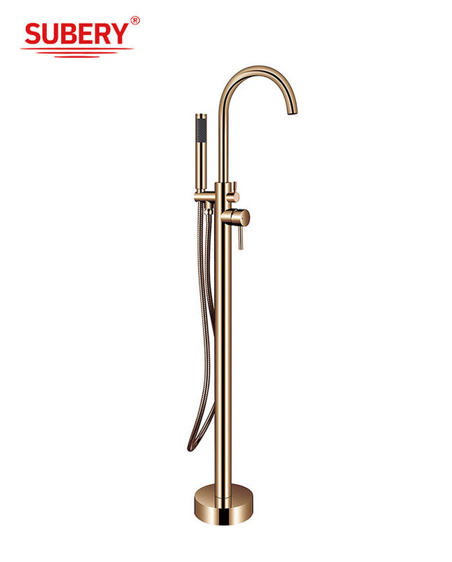 OEM Single Lever Free Standing Tub Faucet Floor Mount Met Diverter Rose Golden Brass