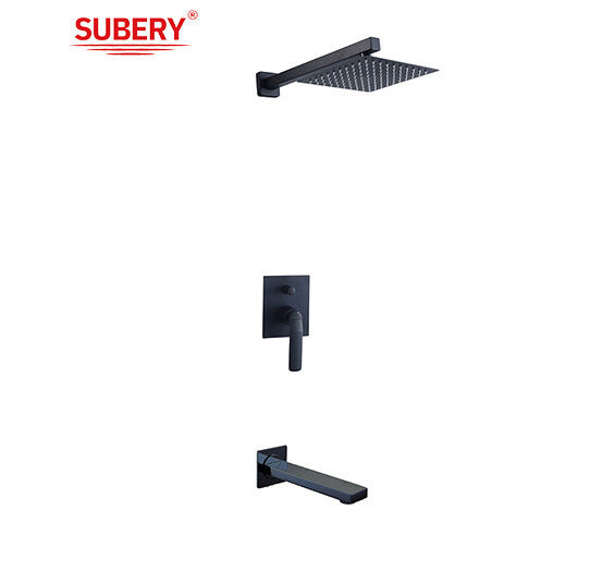 Eenvoudige hendel verborgen in de muur bad douche mixer diverter regendouche handshower spoot bad mat zwart messing kraan