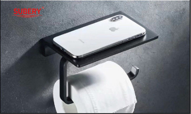 Zwarte kleuren wandmontage toiletpapierhouder met mobiele telefoonplank