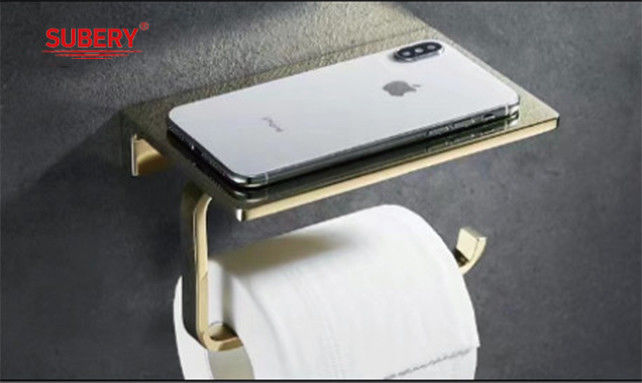Wand gemonteerd zink toiletpapier houder weefsel houder roll papier houder gouden kleur met mobiele telefoon plank